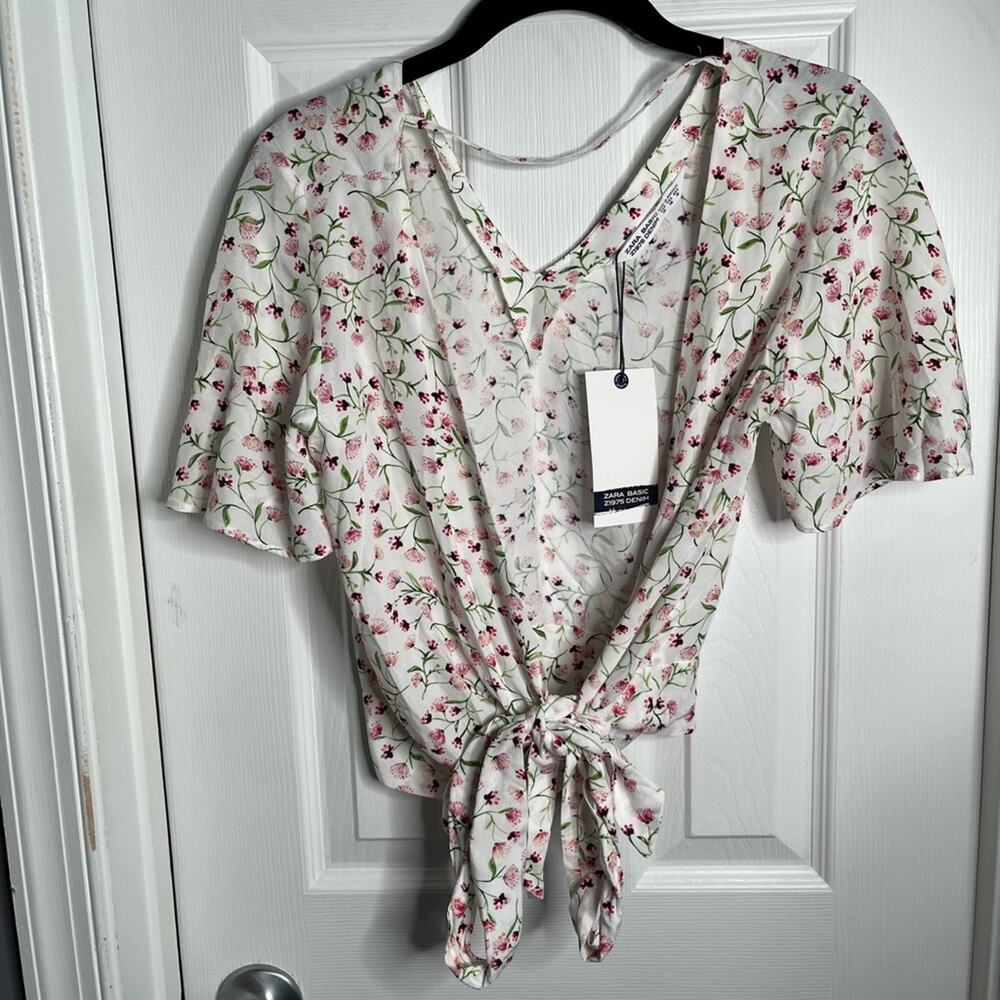 Zara White Pink Floral Print Wrap Blouse Tie Front XS